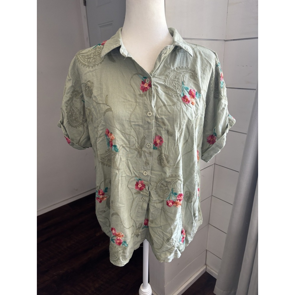 Kindred Shirt Womens 3X Embroidered Floral‎ Paisley Short Sleeve Button Up Top